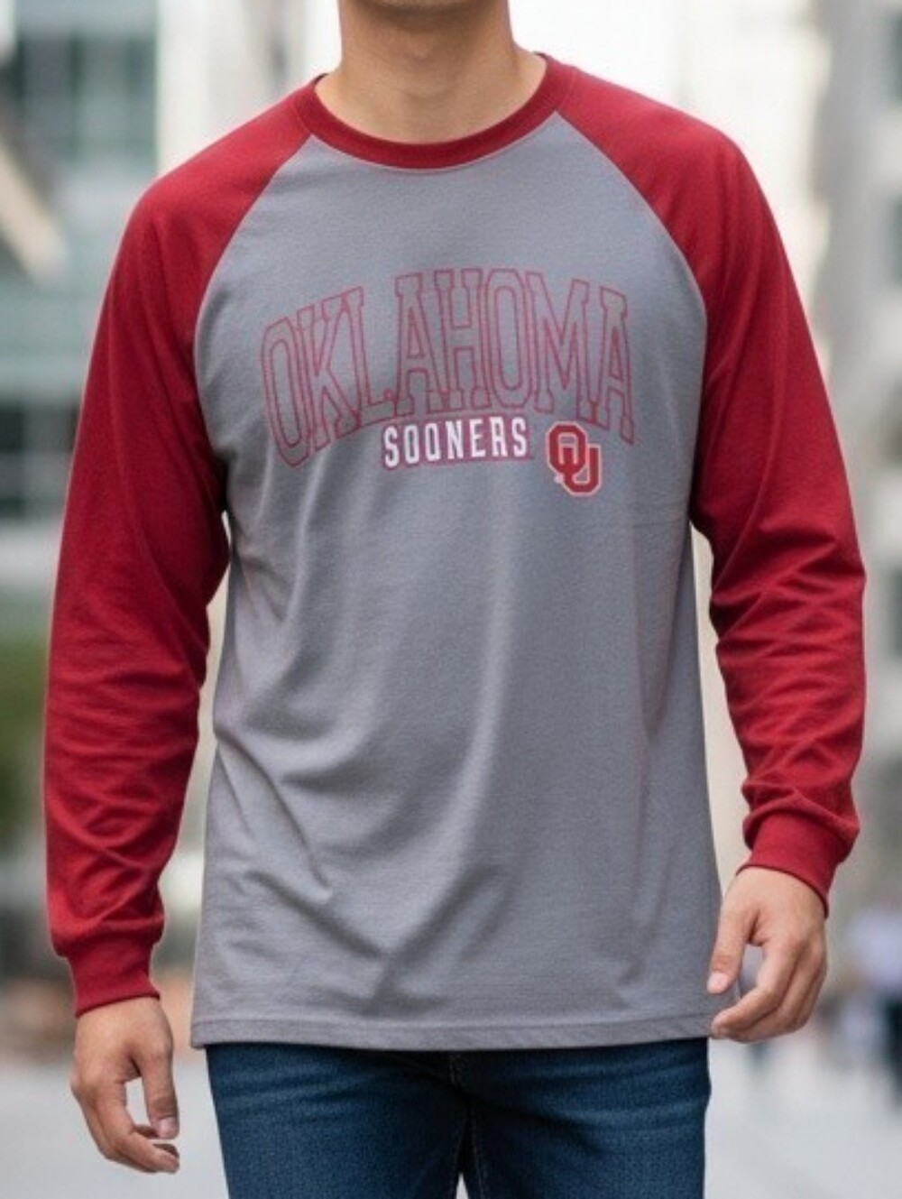 Sideline Apparels Oklahoma Sooners Long Sleeve Raglan Shirt Grey Red Small